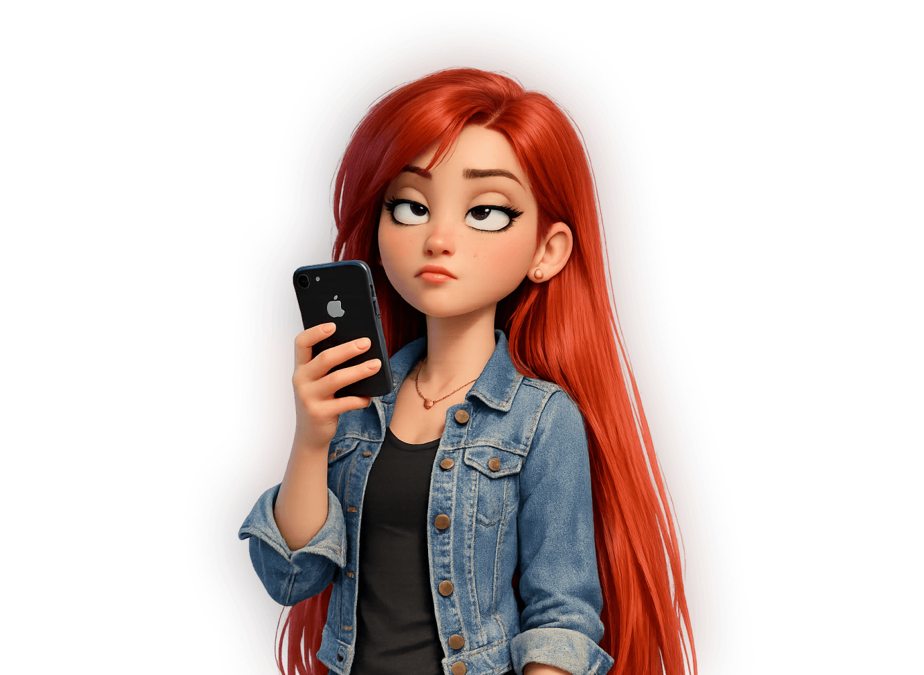 Illustrated young woman with long red hair holding a smartphone and rolling her eyes, wearing a denim jacket.