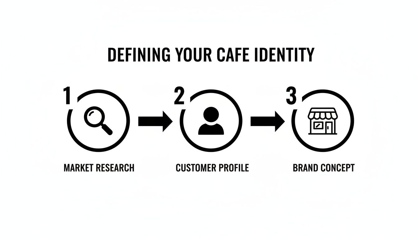An infographic detailing three steps for defining cafe identity: market research, customer profile, and brand concept.