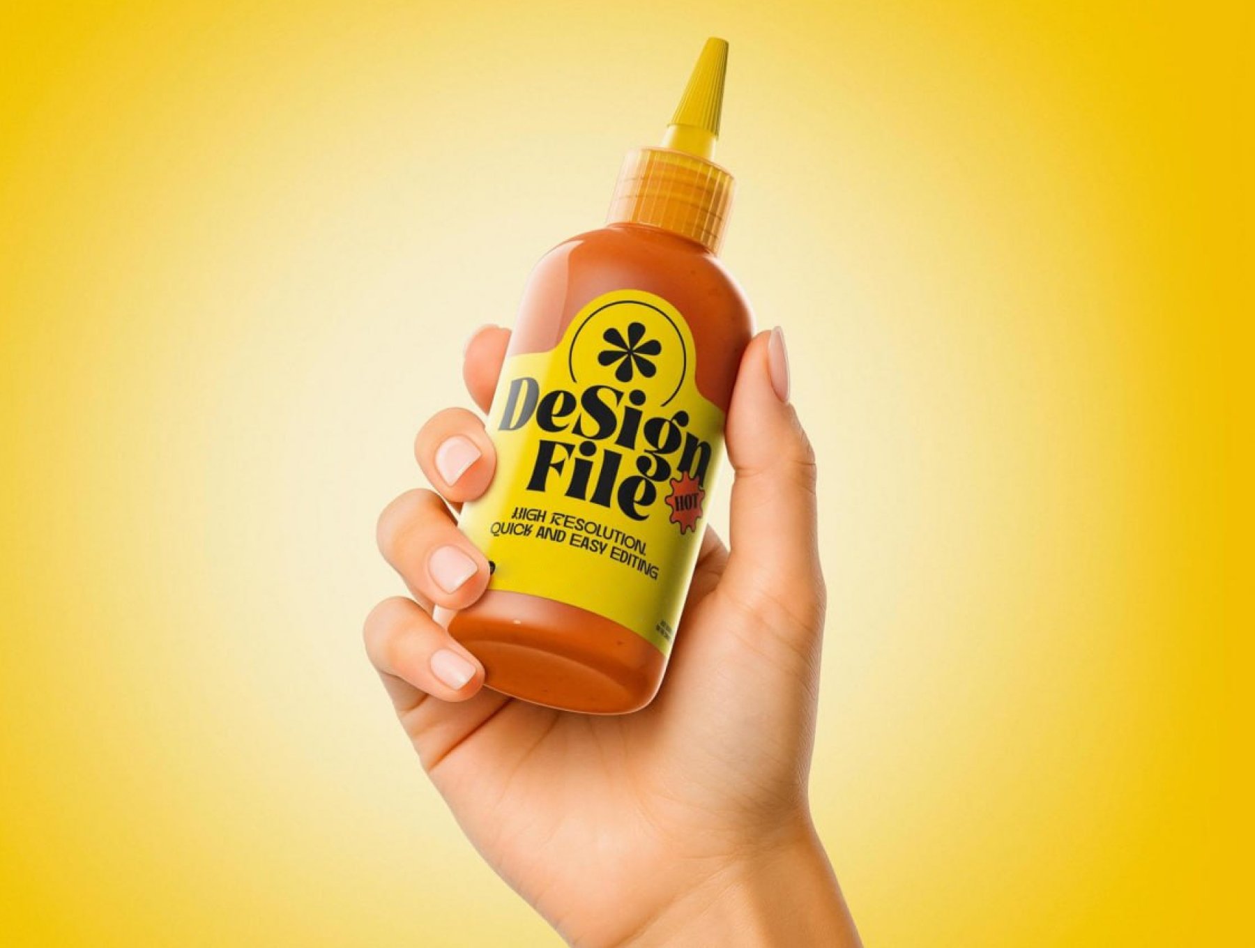 Hand holding sauce bottle mockup