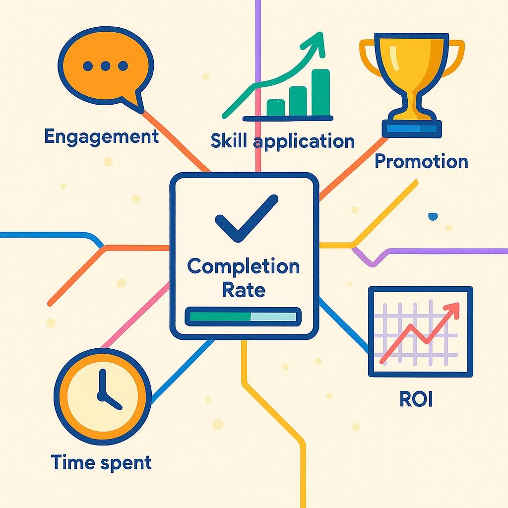 A vibrant, conceptual image illustrating the depth and breadth of L&D metrics beyond just completion rates. The image should feature a central, simple 