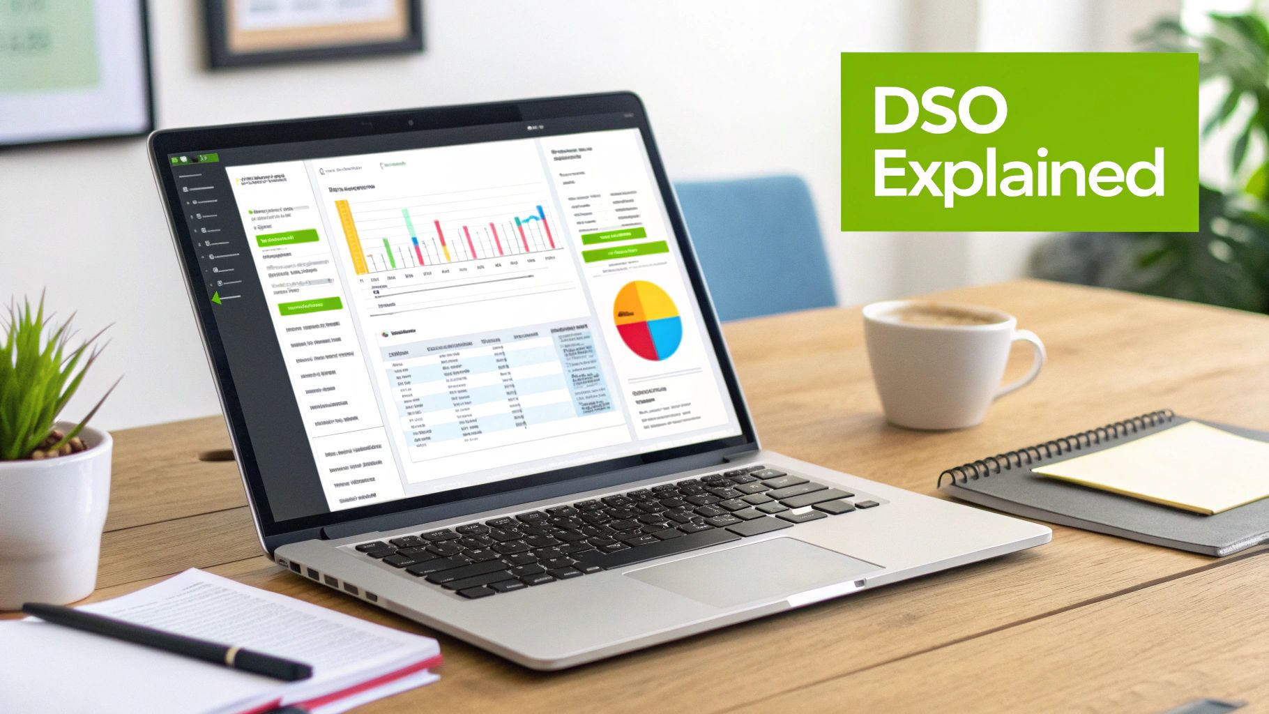 A laptop on a wooden desk displaying financial data dashboards and charts, with 'DSO Explained' text.