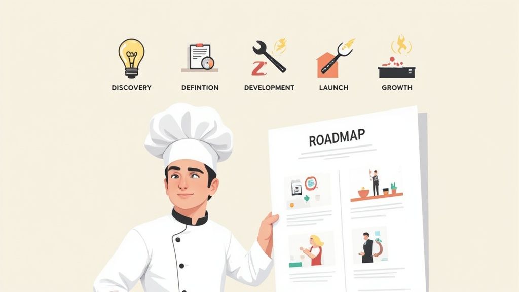 A cartoon chef presents a product roadmap with five key development stages: discovery, definition, development, launch, and growth.
