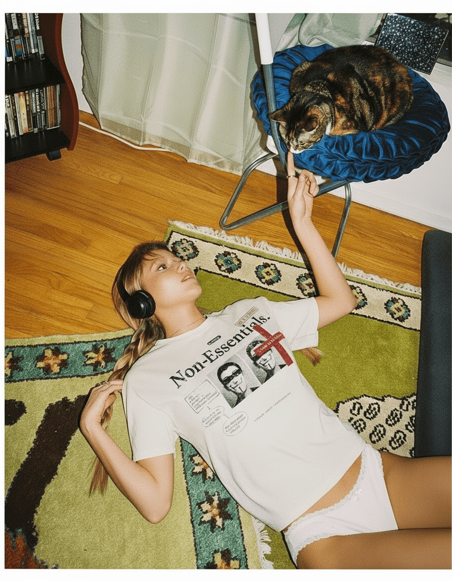 Woman in neon room wearing cropped white graphic tee.