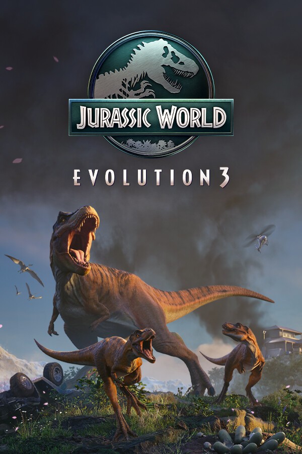 Jaquette de Jurassic World Evolution 3 : des dinosaures dans une jungle sous le logo du jeu.