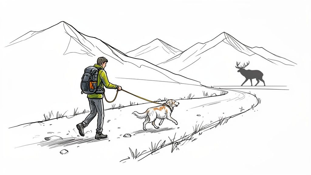 A hiker with a backpack and a dog on a leash walks on a mountain path, with an elk in the distance.