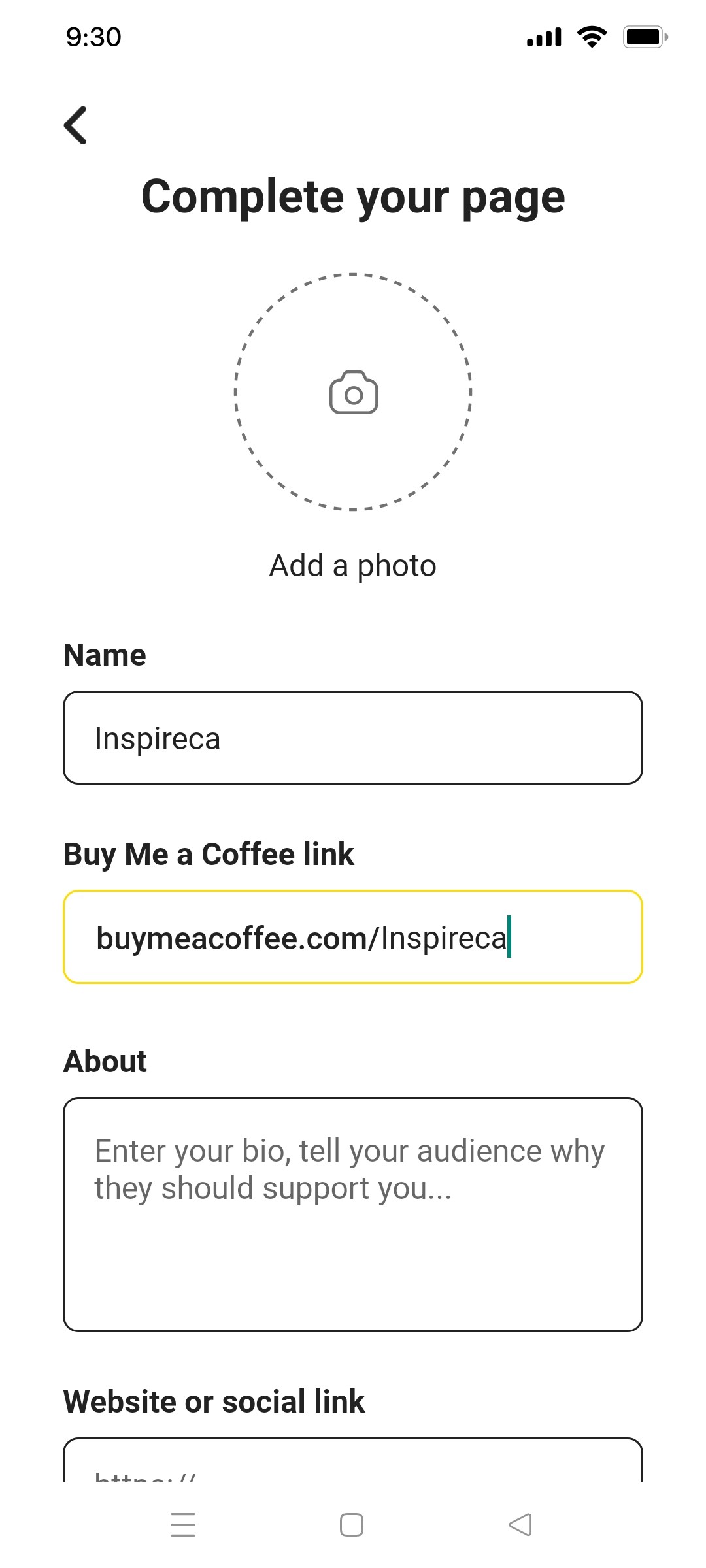 Buy me a coffee Enter your your details screen