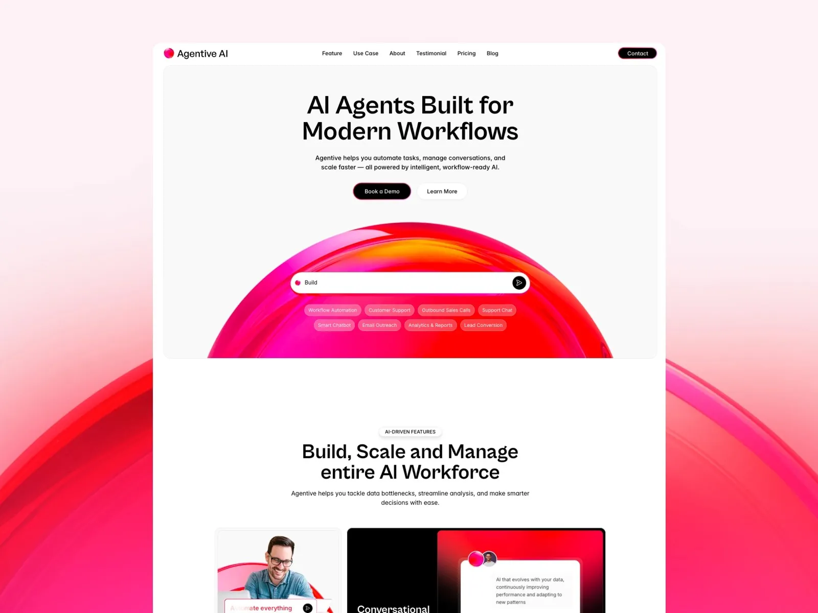 Website homepage for Agentive AI, emphasizing AI solutions and automation.