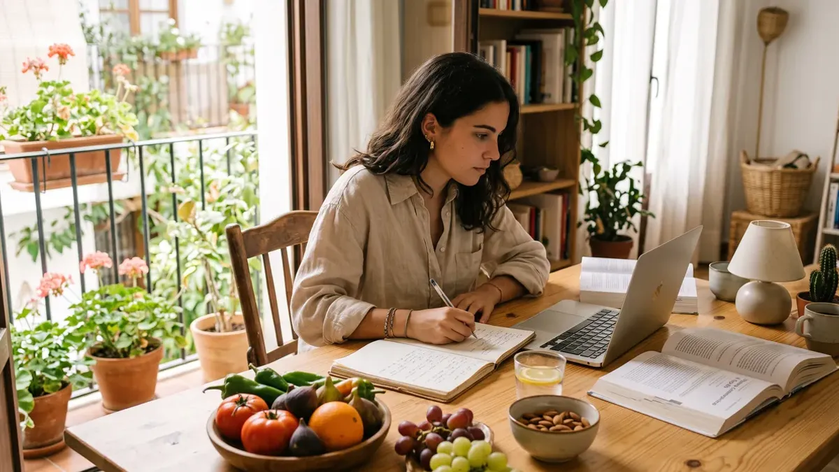 Estudiante con libros y un portátil en una mesa luminosa, en un entorno de estudio con frutas y verduras frescas