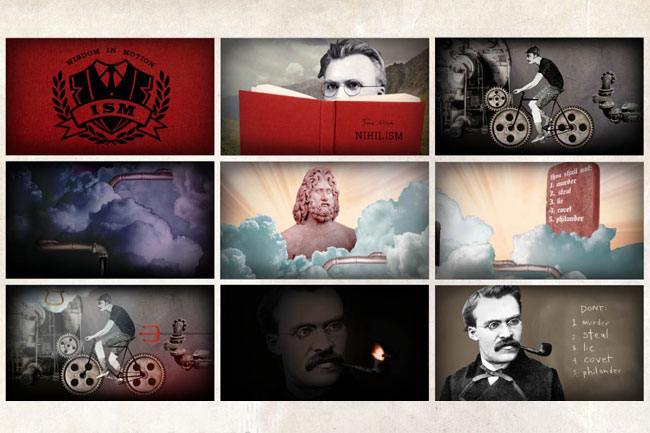 The image is a collage of nine square panels arranged in a 3x3 grid. Each panel contains an illustration or photograph with a distinct style and color palette. The top row features a red panel with a black emblem reading "WISDOM IN MOTION" and "ISM," a gray panel with a portrait of a man reading a book titled "NIHILISM," and a black and white panel showing a figure riding a bicycle. The middle row includes a purple panel with a stylized cloudscape, a beige panel with a statue-like figure against a yellow-orange sky, and a light orange panel with a list of numbered items. The bottom row shows a red panel with a geometric symbol, a black panel with a portrait of a man smoking a pipe, and a sepia-toned panel with a black and white photo of a man in period clothing. The overall composition blends diverse artistic elements into a cohesive visual narrative.