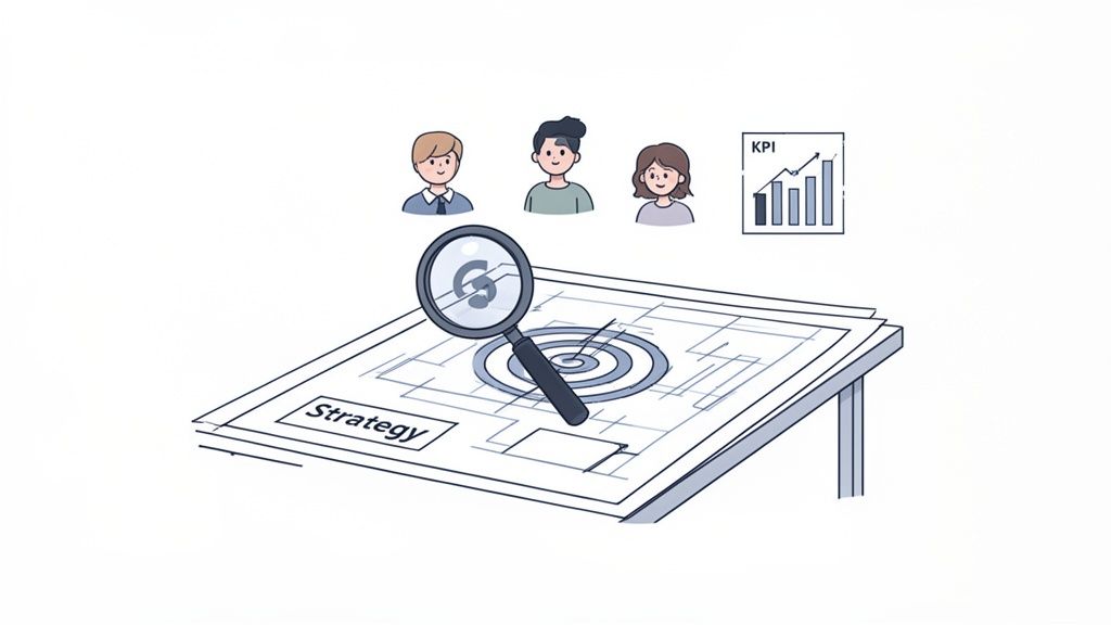 Cartoon illustration of a team collaborating on a strategy document with a magnifying glass and KPI chart.
