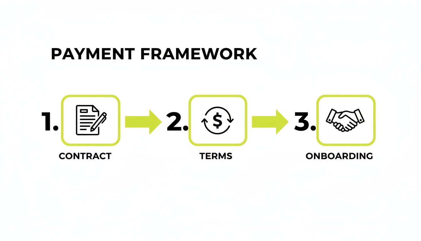 Infographic illustrating a three-step payment framework: contract, terms, and onboarding process.