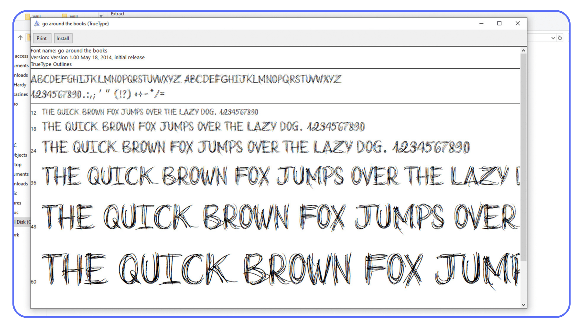 Windows font preview window showing a TrueType font before installation