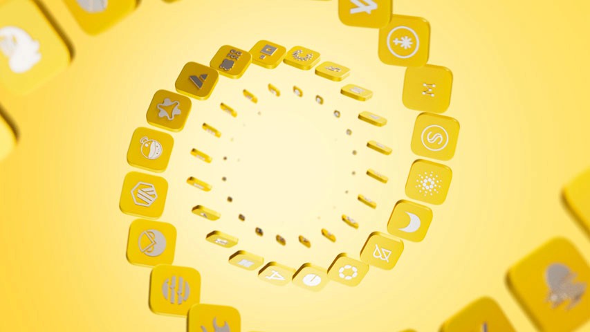 A spiral of golden metallic plates with crypto chain, in a brightly lit environment