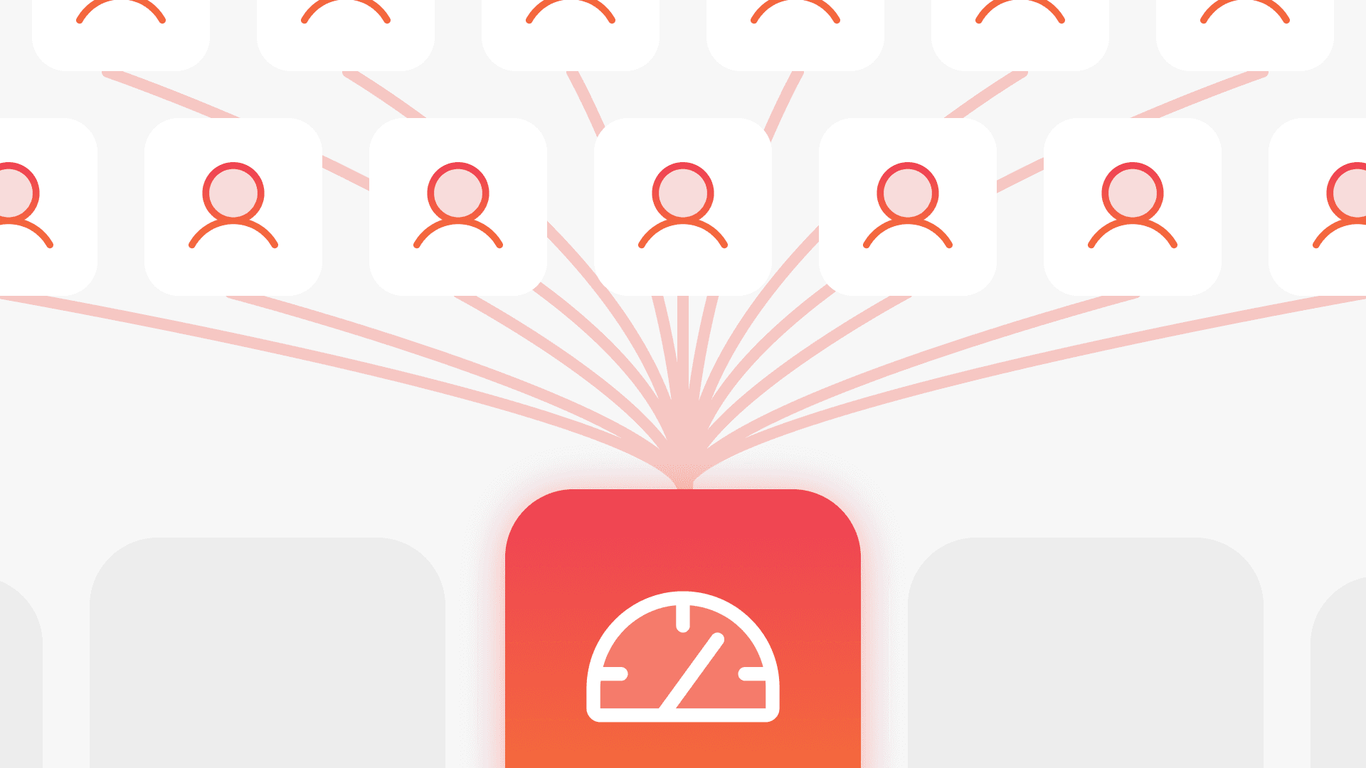 Abstract illustration showing multiple user icons connected to a central red box with a speedometer symbol, conveying data flow or network connection.