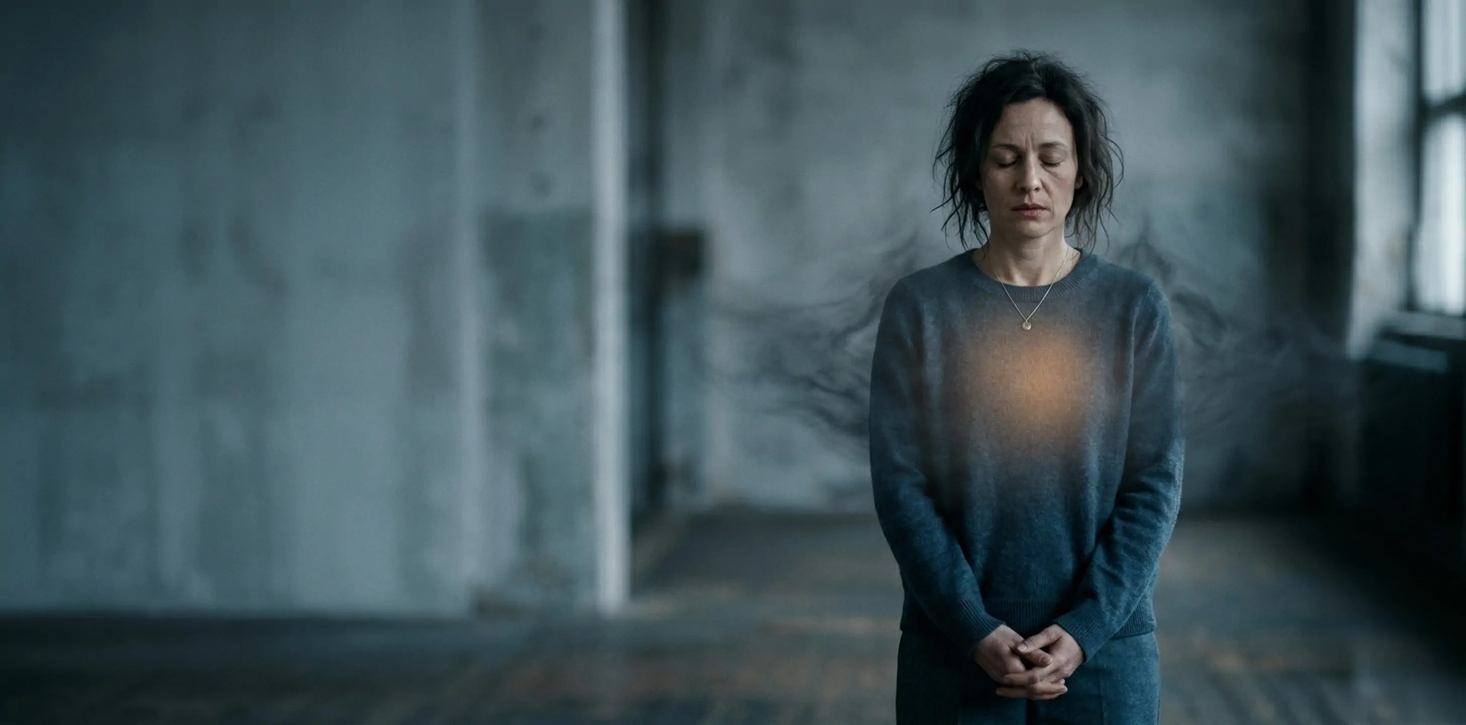 Personne souffrant d'anxiété et de tensions thoraciques dans une pièce vide, illustrant le besoin d'un accompagnement émotionnel profond."