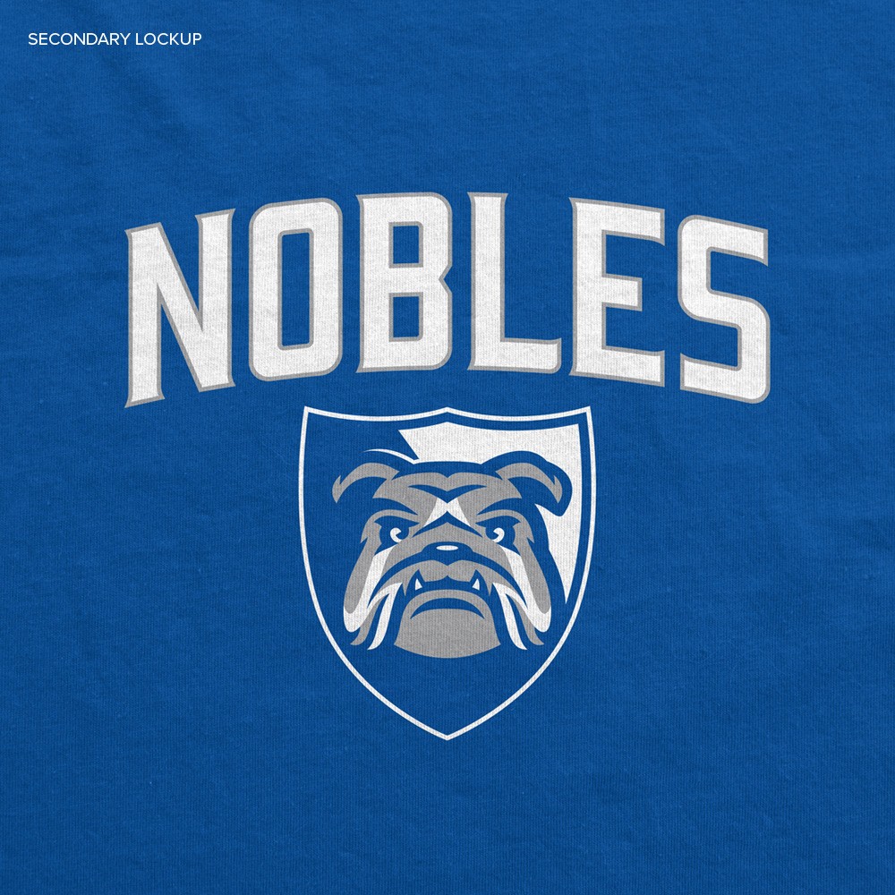 Nobles Athletics front facing bulldog head crest paired with custom wordmark.