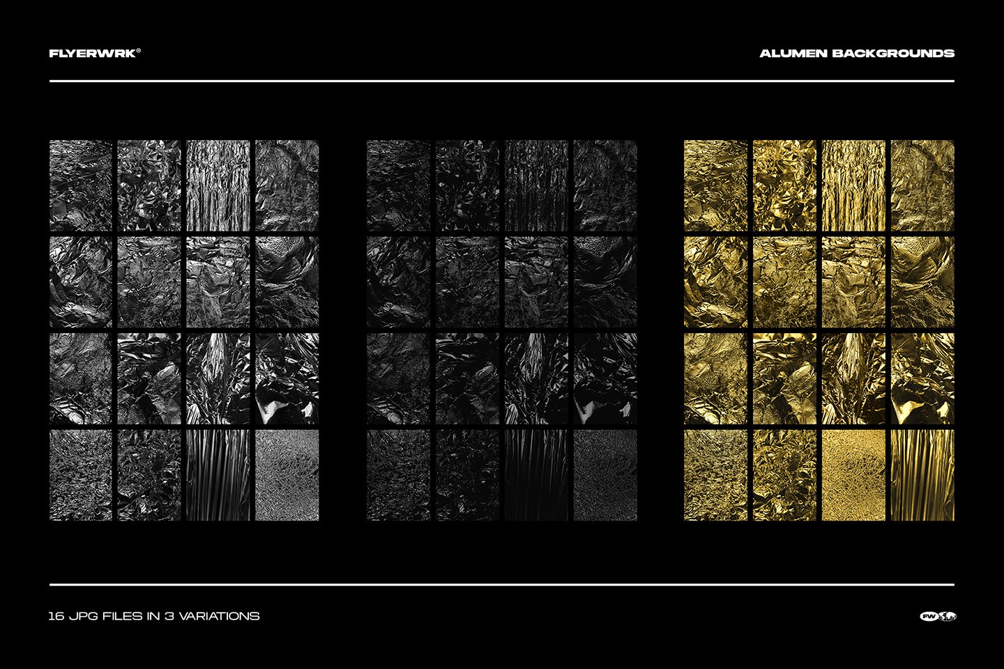 Alumen metal foil textures pack overview showing sixteen high resolution metallic backgrounds in three colors