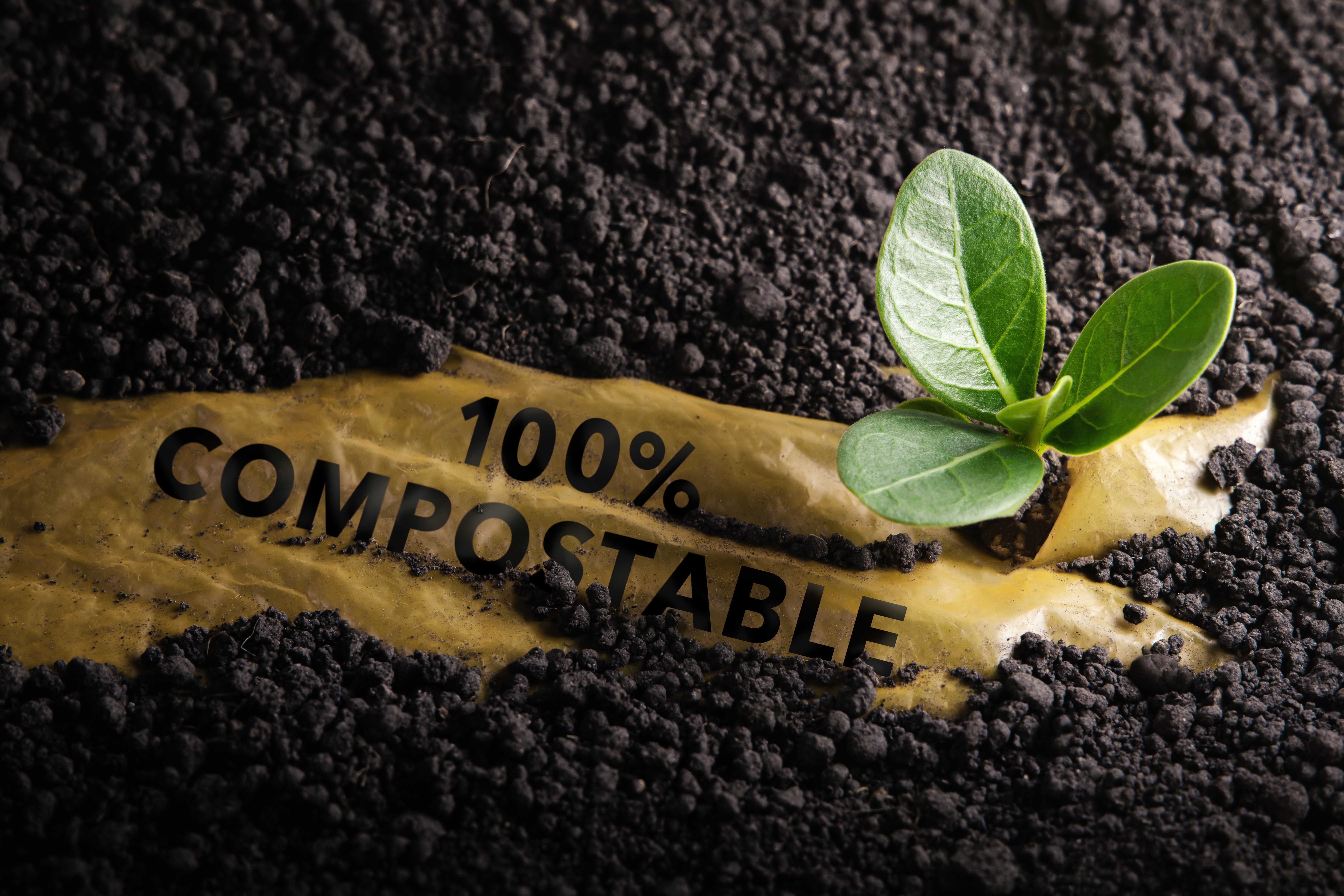 Green seedling growing through a torn bag printed with 100% Compostable in dark soil