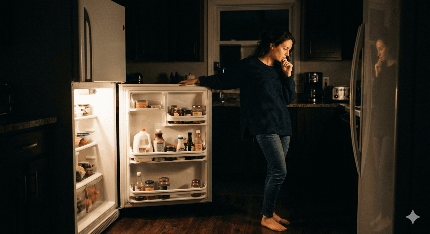 Woman pausing at open fridge at night — distinguishing emotional hunger from physical hunger