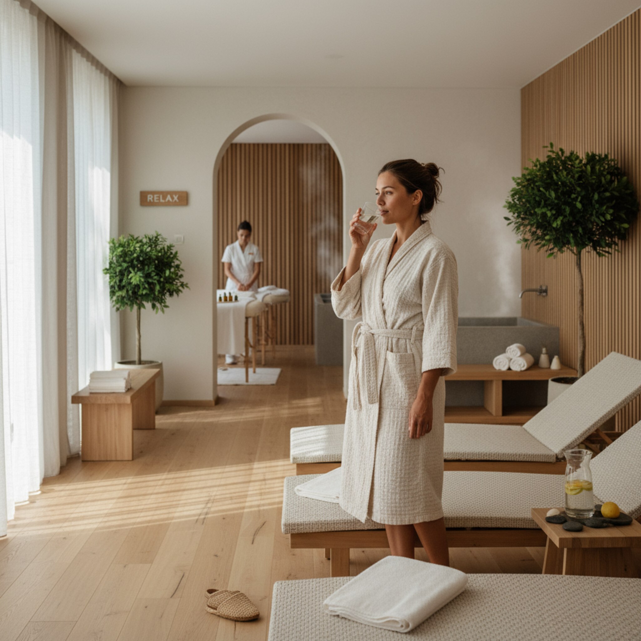 Eine Gästin legt im Ruheraum ihr Handtuch sorgfältig auf die gewählte Liege und nimmt einen Schluck Wasser. Aus einem Nebenraum weht leise Musik, ein Behandler bereitet diskret eine Massage vor. Die Abfolge wirkt natürlich, ruhig und nahtlos organisiert.