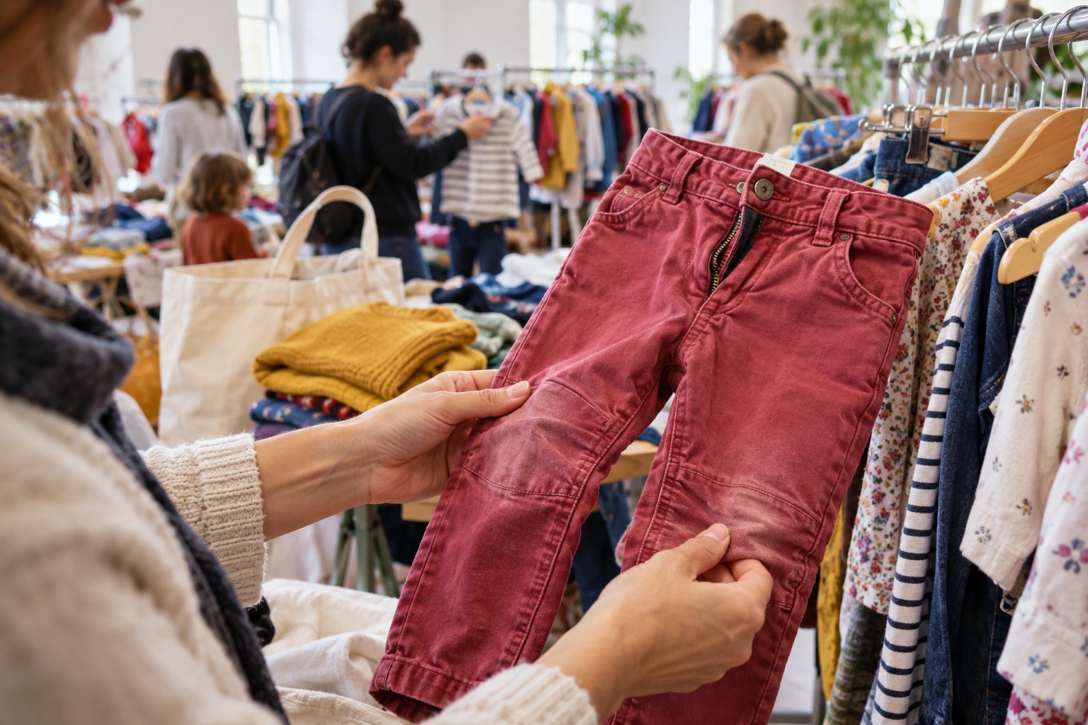 Hände prüfen die Knie und den Verschluss einer gebrauchten Hose.