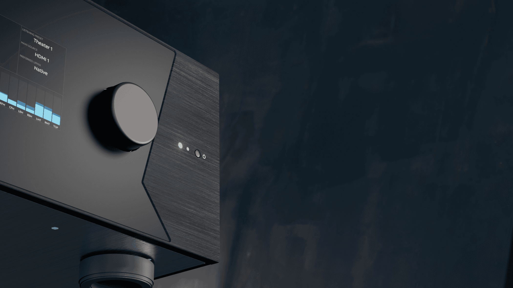 Audio receiver front panel with digital display and knob.