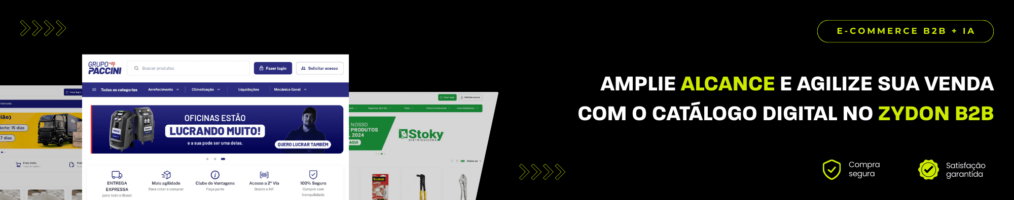 Banner horizontal com fundo escuro, ícones de segurança e satisfação, e imagens de lojas B2B exibidas à esquerda. Elementos gráficos em verde destacam o tema de e-commerce B2B com IA.