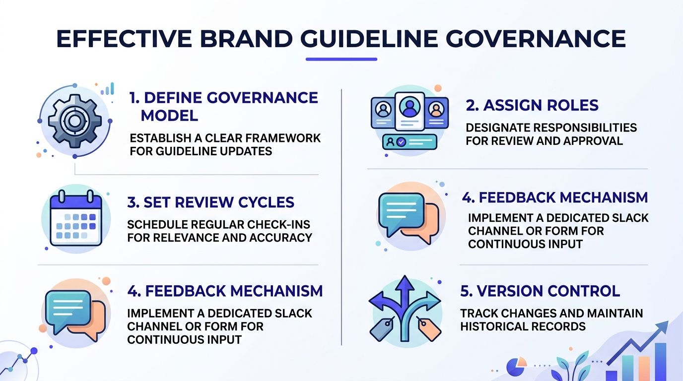 An infographic titled Effective Brand Guideline Governance outlining five key steps for managing company brand assets.