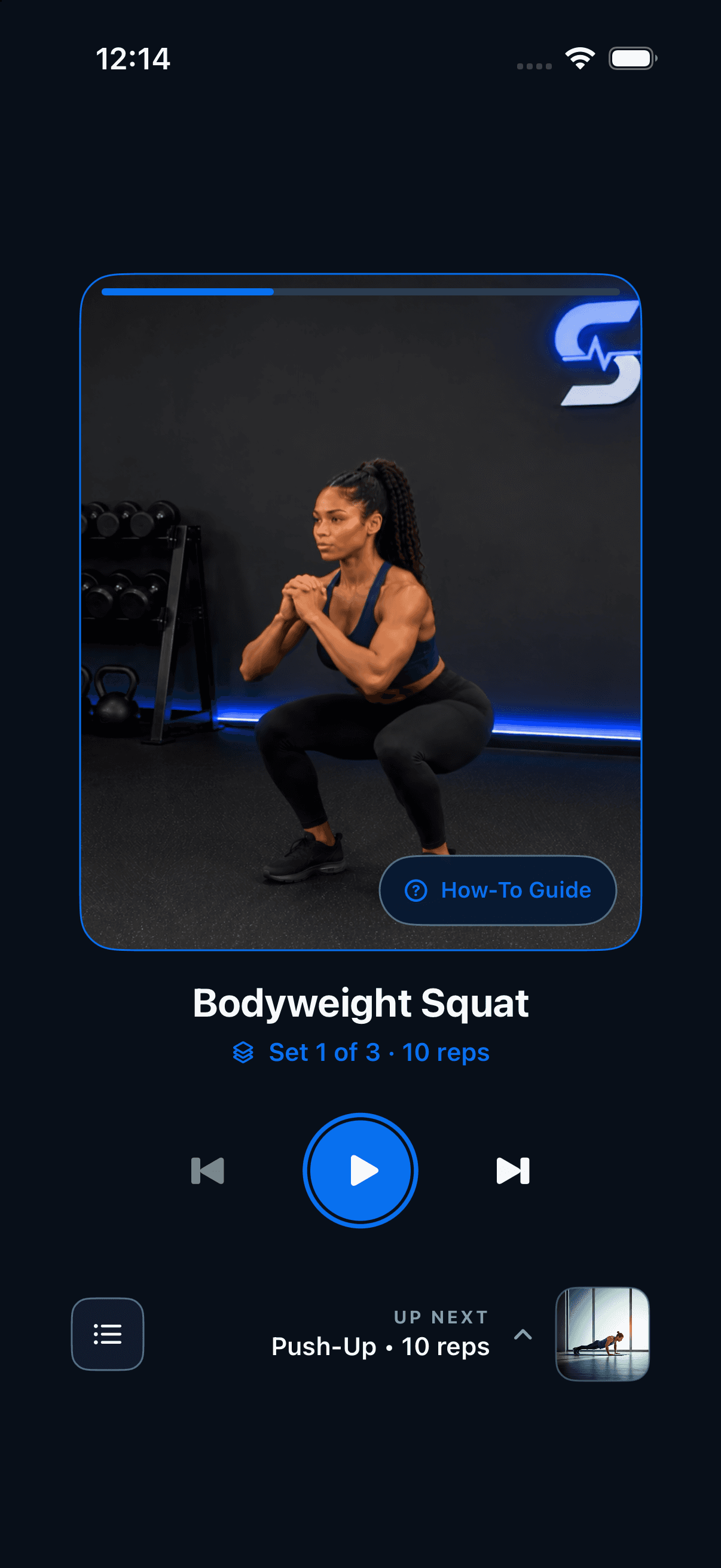 ShiftStrong guided bodyweight squat workout player