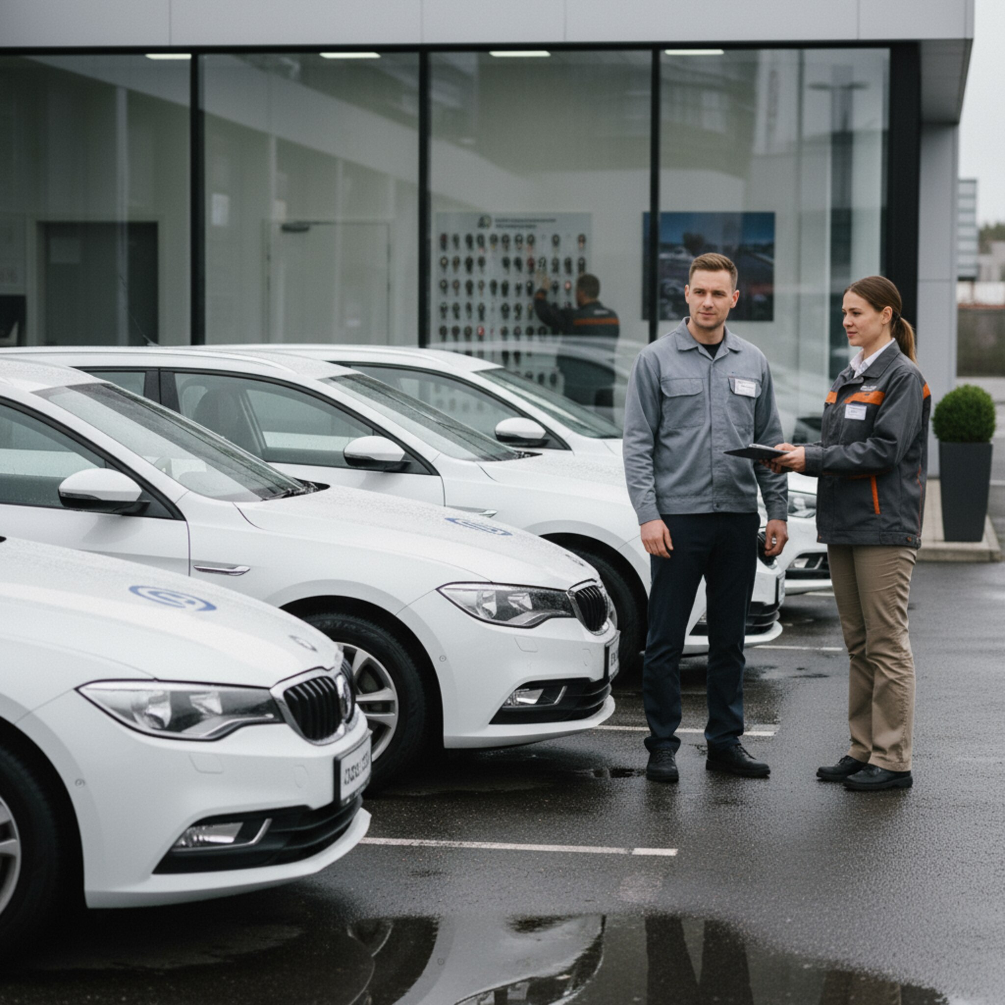 Vor dem Gebäude stehen mehrere weiße Kombis mit dezentem Firmenlogo in einer Reihe. Ein Fahrer übergibt eine Mappe an den Serviceleiter, beide tragen Namensschilder. Im Hintergrund werden Schlüssel auf einem Brett sortiert. Ein kurzer Nieselregen perlt auf den Hauben, die Reifen glänzen dunkel.