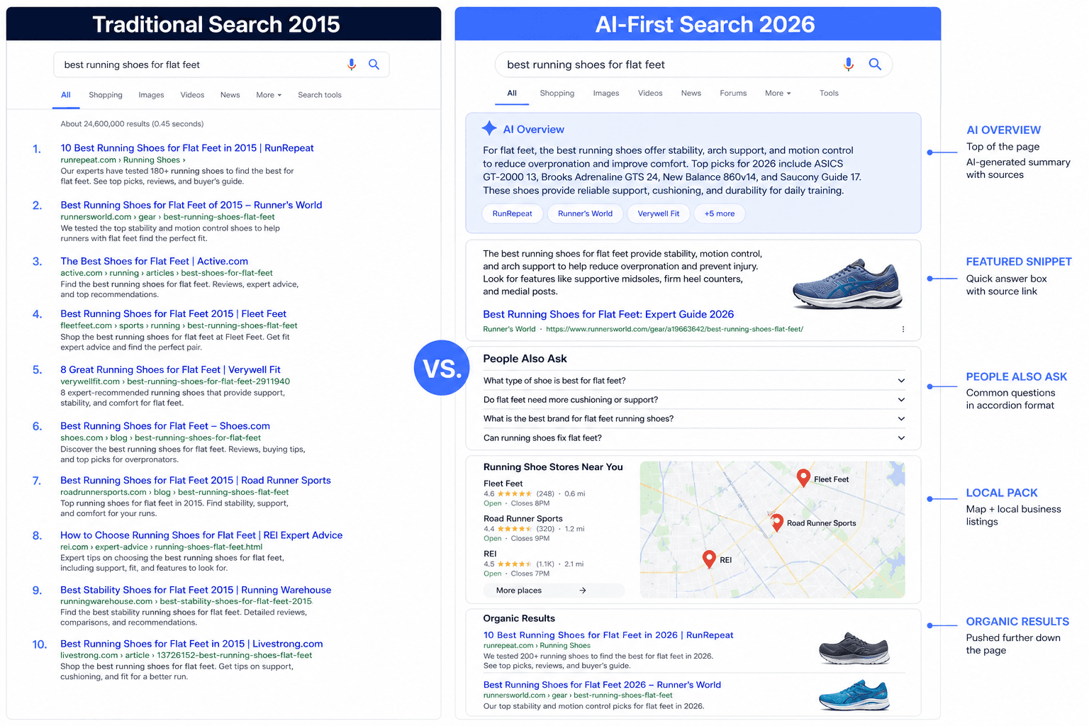 SERP evolution comparison showing traditional search versus AI-first search in 2026