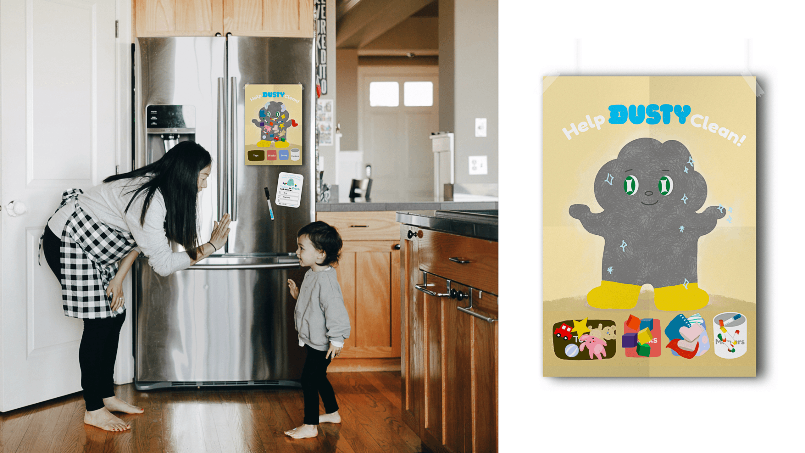 A woman and a child stand in a kitchen. The woman, wearing a white shirt and a black and white checkered apron, holds a white cloth and points toward a stainless steel refrigerator. The child, wearing a gray shirt and black pants, stands barefoot nearby. A poster on the wall behind the woman reads “Dusty Clean!” and features a cartoon gray teddy bear holding a dustpan and brush. The kitchen has wooden cabinets and a stainless steel refrigerator. A countertop is visible in the background.