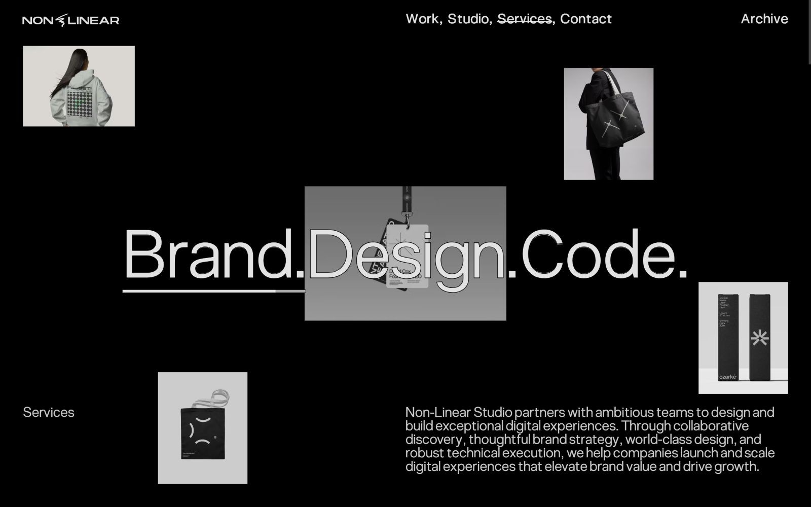 Dark website background with "brand.Design.Code." in large text. Images of a person with a bag, a book, and a web icon.