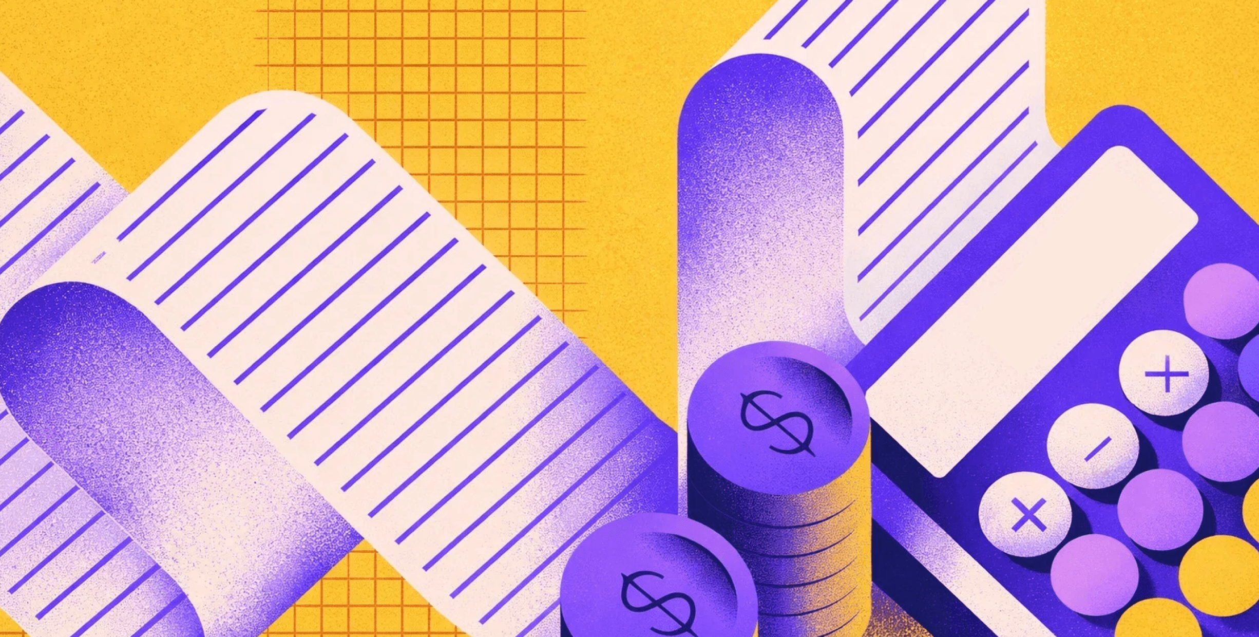 A purple calculator, coins, and receipt paper against a yellow background