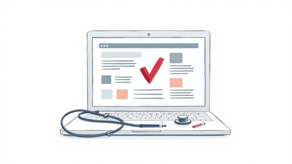 An illustrated magnifying glass examining a website on alaptop screen.