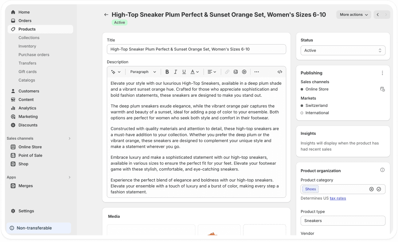 shopify interface - product detail