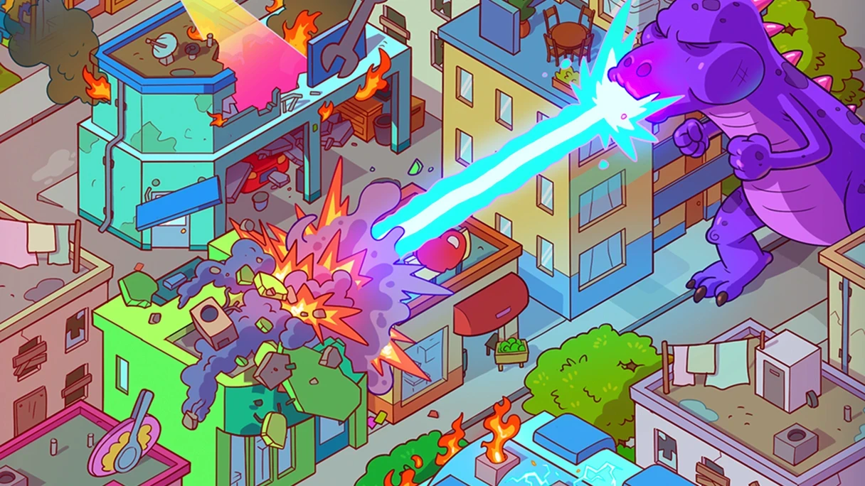 Cartoon city under attack by disasters and a giant monster.