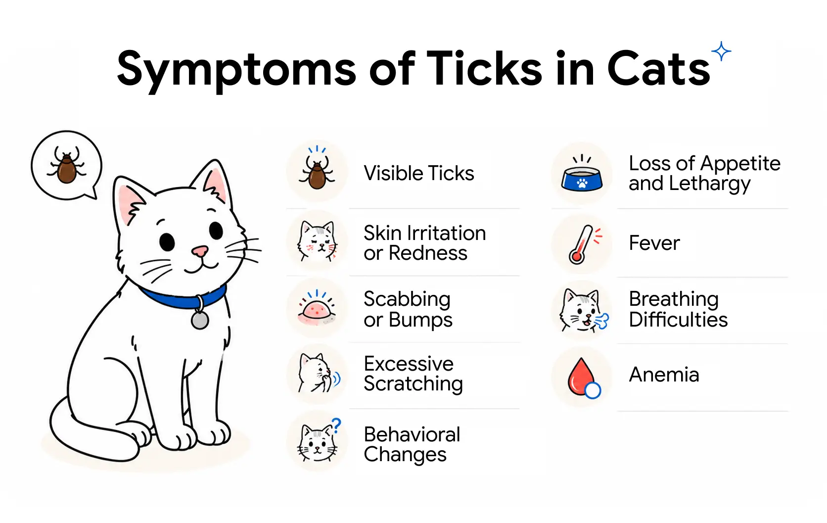 An infographic showing the signs of ticks in cats.