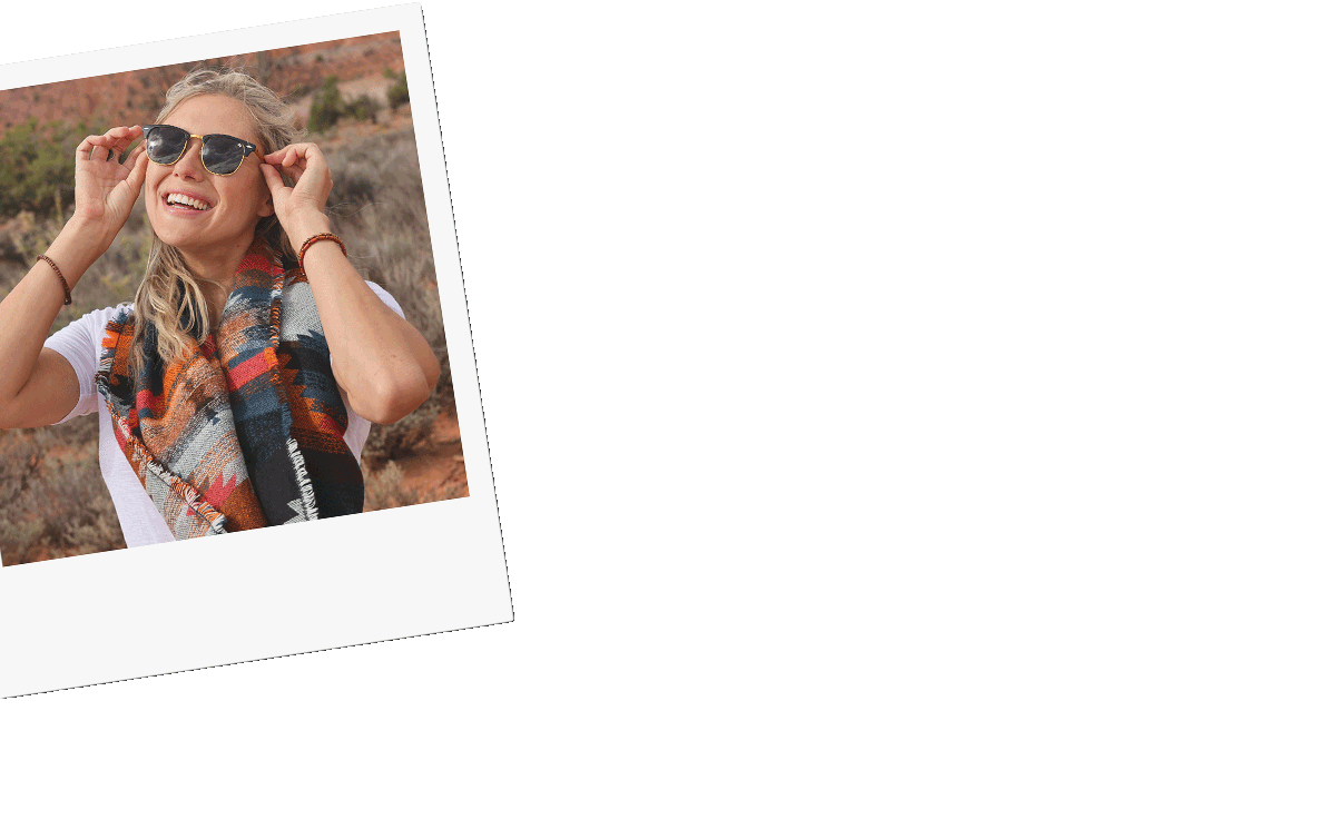 Photo collage featuring a smiling blonde woman outdoors with a colorful scarf, desert cactus, a Canon camera, and landscapes, styled like polaroid snapshots.