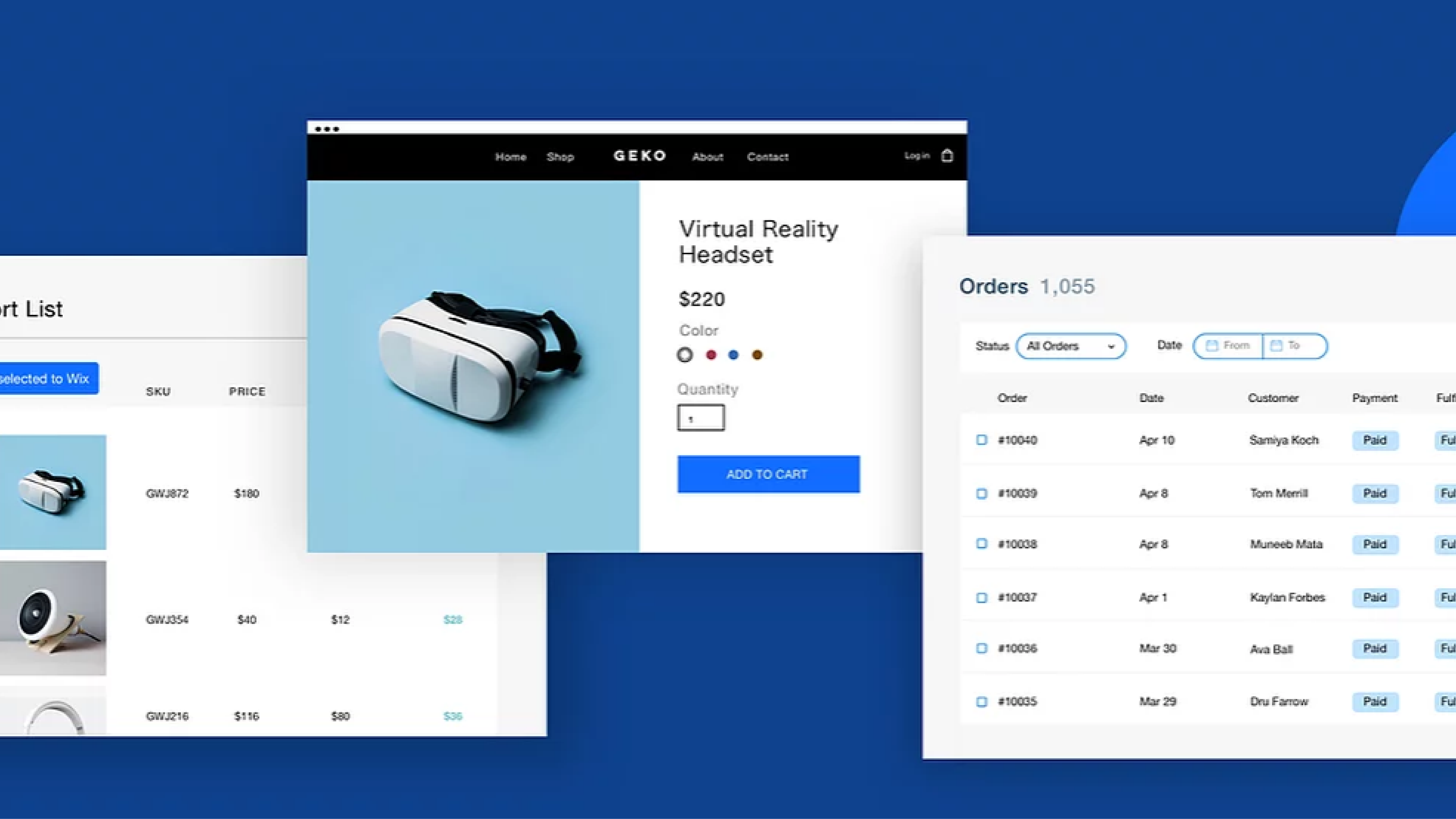 Wix website builder interface showing an e-commerce product page and order dashboard
