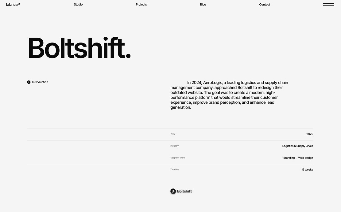 A case study page in the Fabrica Framer template, showing the project intro with year, industry, scope, and timeline.