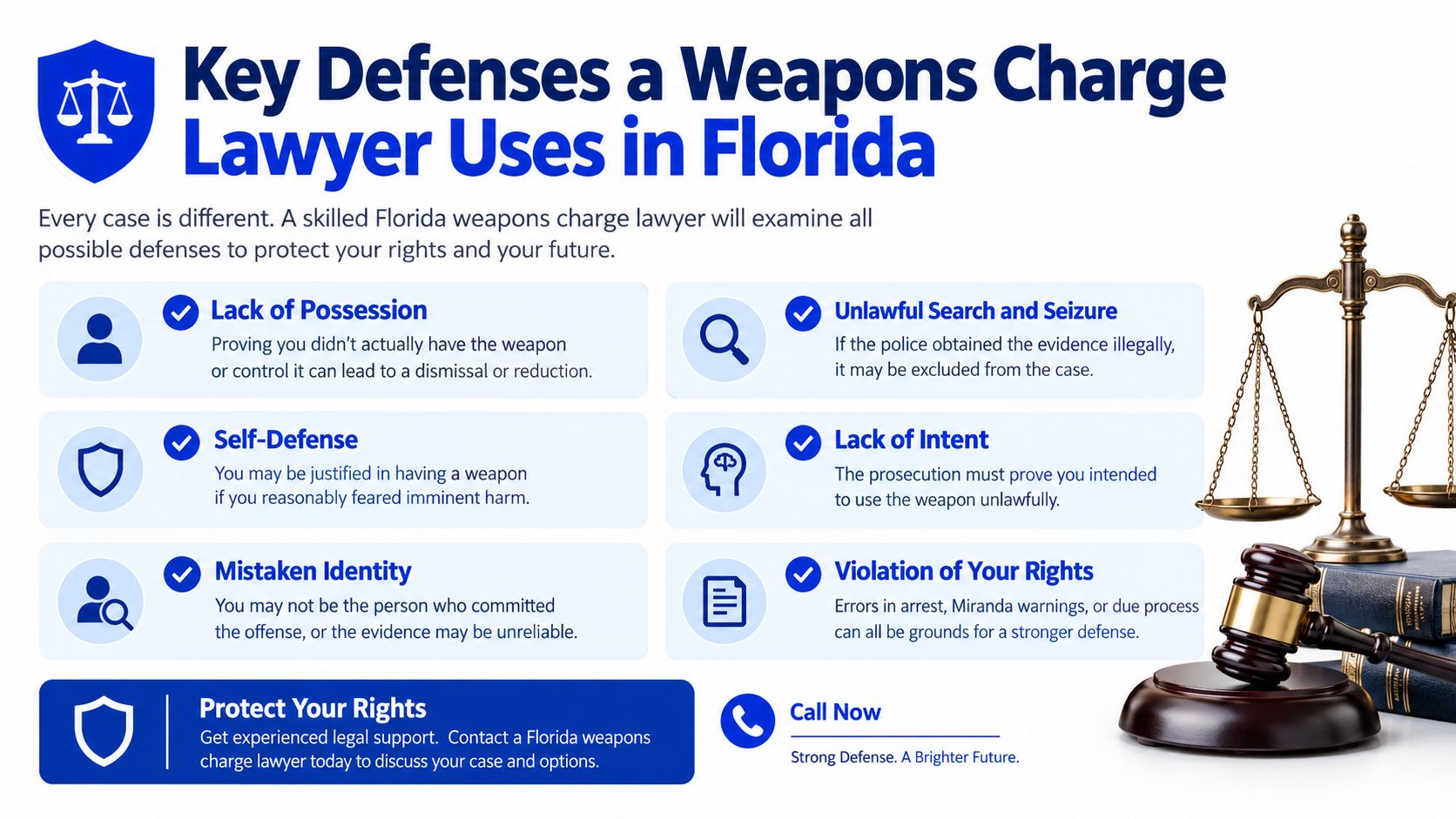 An infographic detailing common legal defenses used by weapons charge lawyers in Florida to protect client rights.