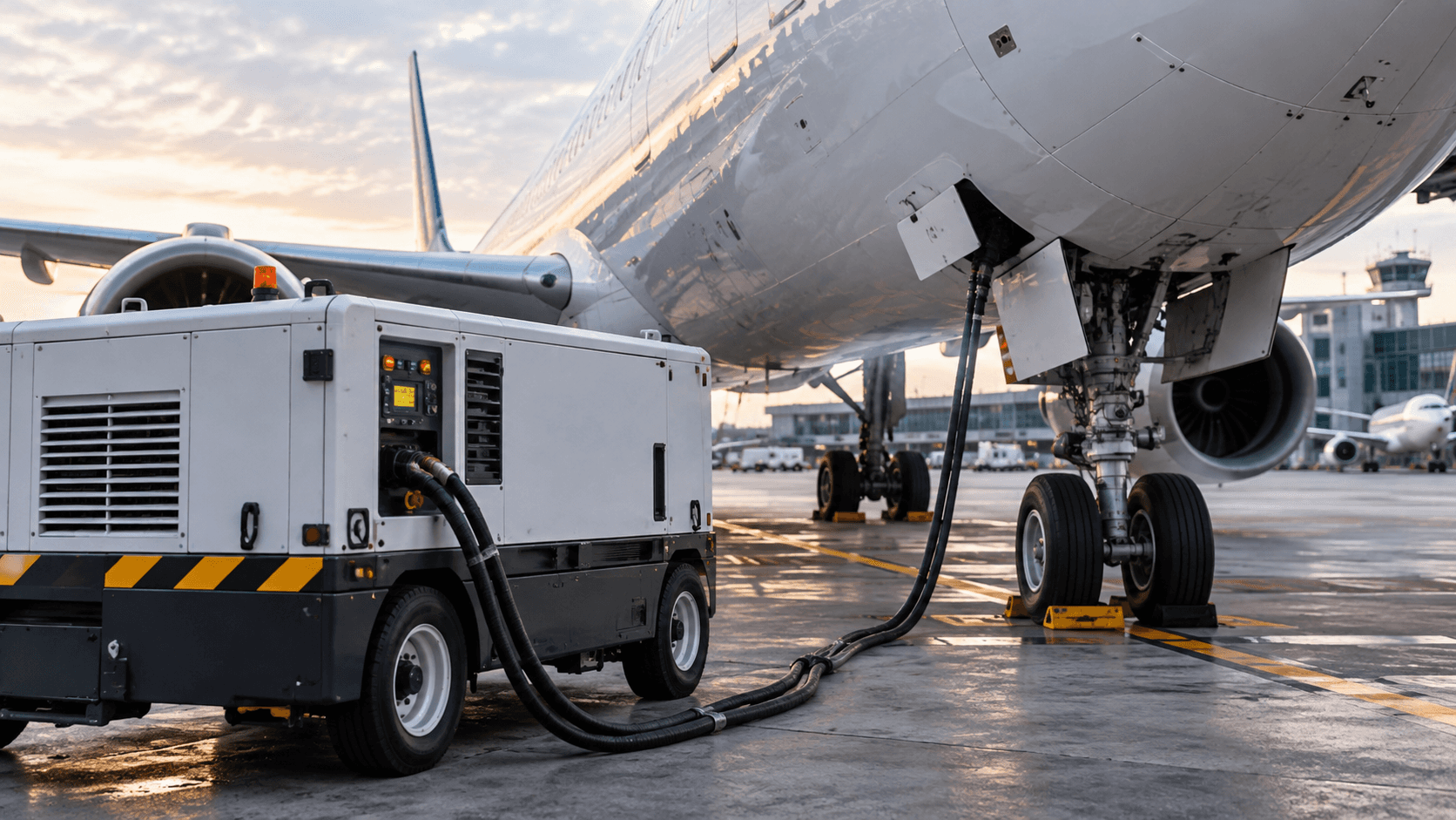 Ground Power Unit supplying external electrical power to a parked commercial aircraft