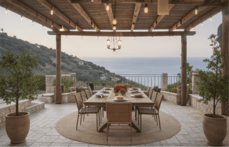 Outside seating area of Mediterranean house