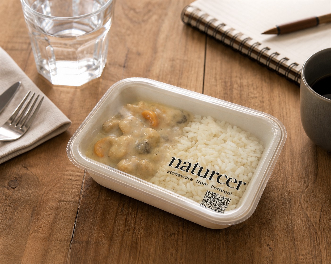 Barquette en céramique blanche avec logo Naturcer contenant une blanquette de veau et riz, posée sur un bureau en bois avec couverts et carnet