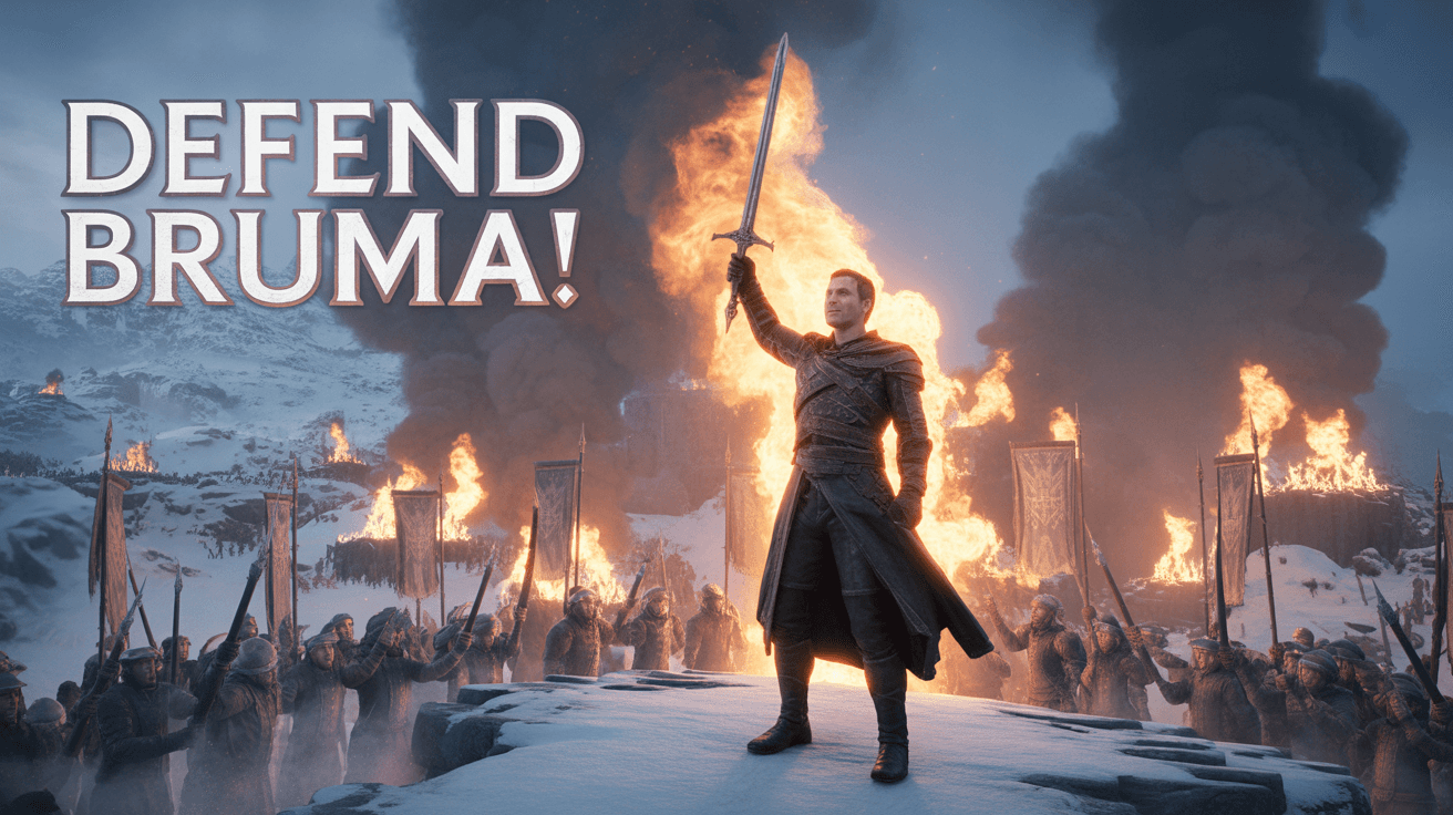 Martin Septim raising a sword over Bruma with siege fires and DEFEND BRUMA text