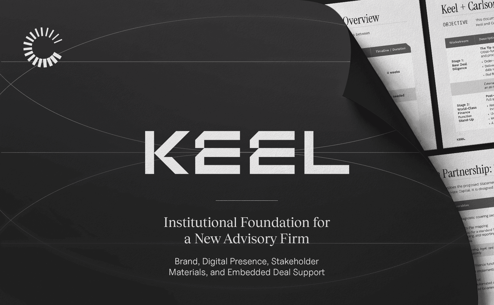 Dark themed presentation slide for KEEL with the text 'Institutional Foundation for a New Advisory Firm' and 'Brand, Digital Presence, Stakeholder Materials, and Embedded Deal Support', revealing printed documents underneath the curled top right corner