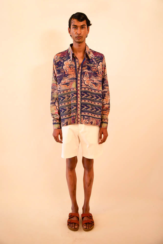 LAVYA is a one-of-a-kind full-sleeve shirt, crafted from vintage fabric in a bold multicolour butterfly print.