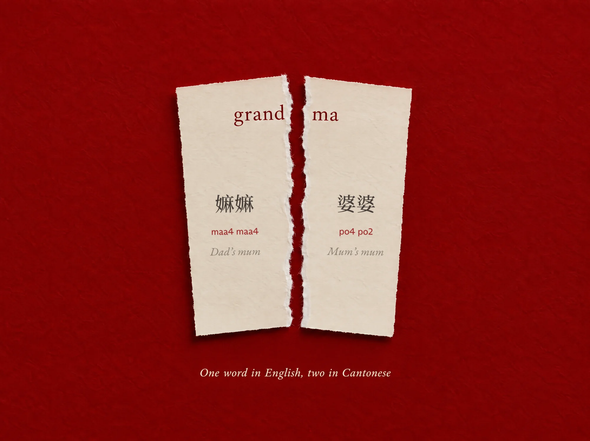 A cream sheet of paper on red, torn in two through the word grandma. The left half says 嫲嫲 maa4 maa4, Dad’s mum; the right half says 婆婆 po4 po2, Mum’s mum. The caption reads: one word in English, two in Cantonese.