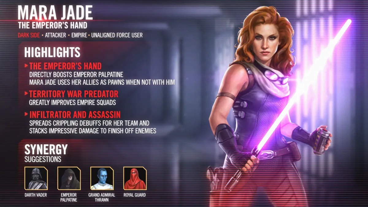 Mara Jade's character screen in Star Wars: Galaxy of Heroes. The screen shows her on the right in her trademark outfit wielding a purple saber with the left side highlighting her abilities in game as The Emperor's Hand